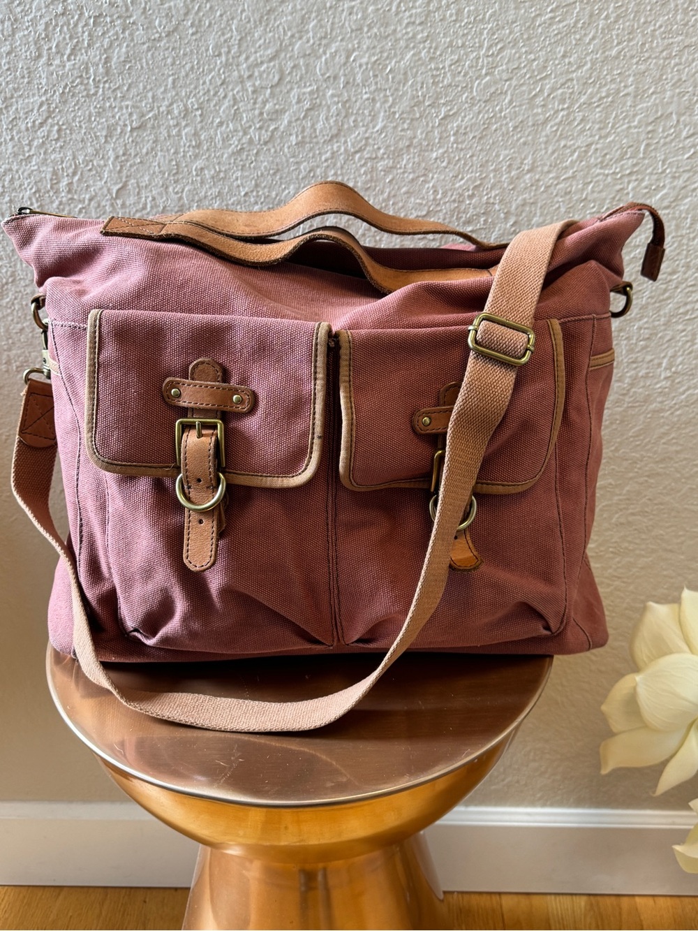 Fossil Canvas Crossbody Satchel / Duffel in Dusty Rose
